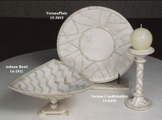 15-0455 - Verona Candleholder, White Ivory Stone with Beige Fossil Stone