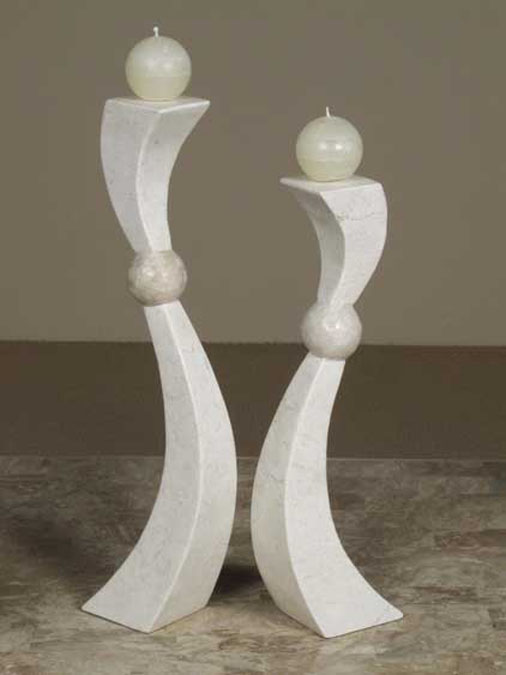 15-0433 - Swingers Candleholder, Short, White Ivory Stone with Beige Fossil Stone