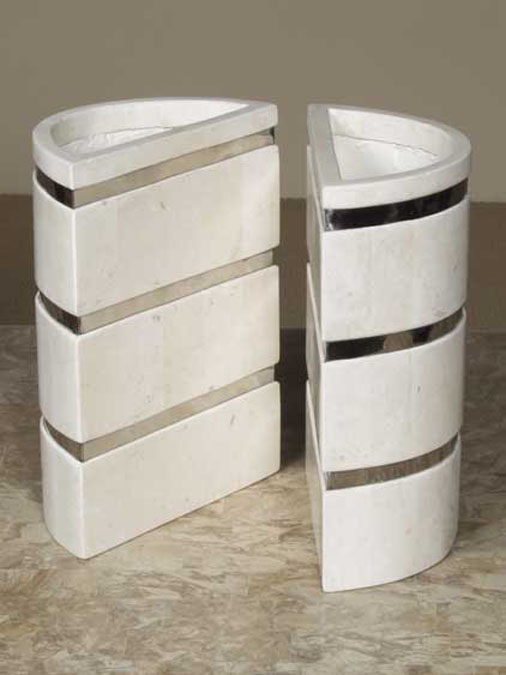 71C-9205 - Half Moon Banded Vase, White Ivory Stone with Stainless Steel - Sold in Set of 2