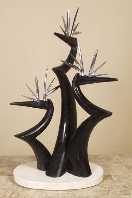 80B-5802 - 3-Birds of Paradise Sculpture, Black Stone with Pewter Beak on White Ivory Stone Base