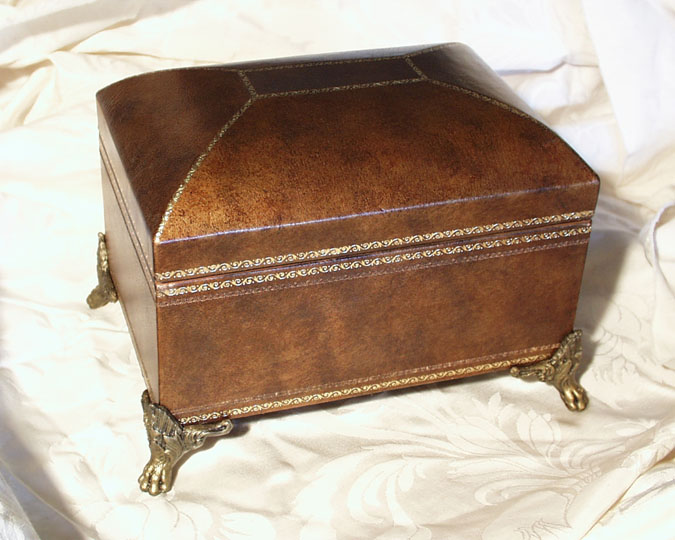 MBOX-0020 - R-4 Dark ant. Gold Leather Box, Dome Top with carved corner feet